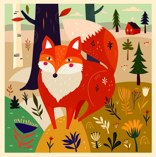 Roztomilý fox a květiny — Stockový vektor