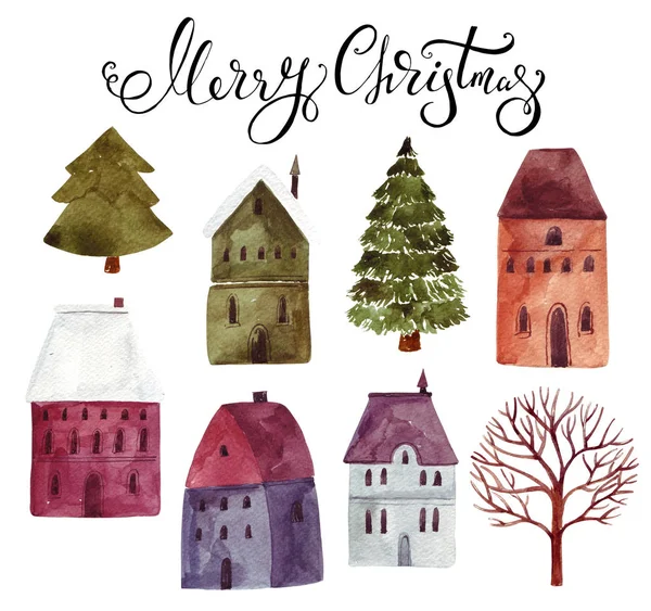 Aquarell Weihnachtsbaum Mit Handgezeichneten Häusern — Stockfoto
