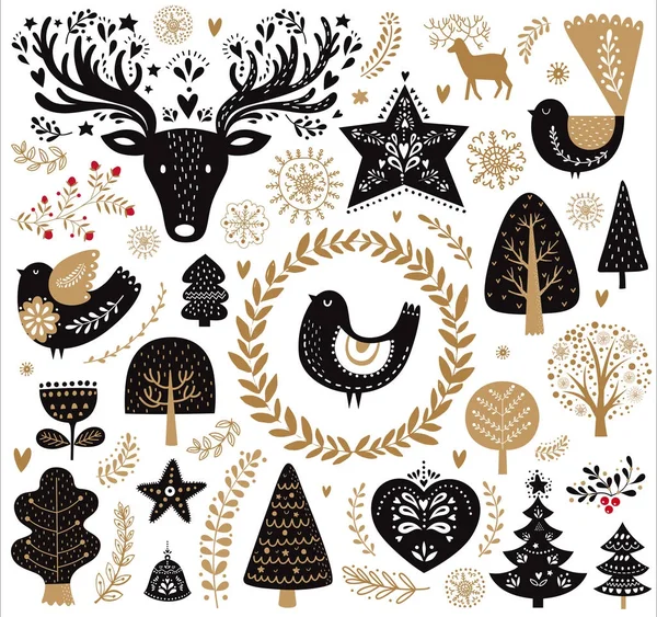 Χριστουγεννιάτικα Σύμβολα Και Στοιχεία Άσπρο Φόντο Εικονογράφηση Διάνυσμα — Διανυσματικό Αρχείο