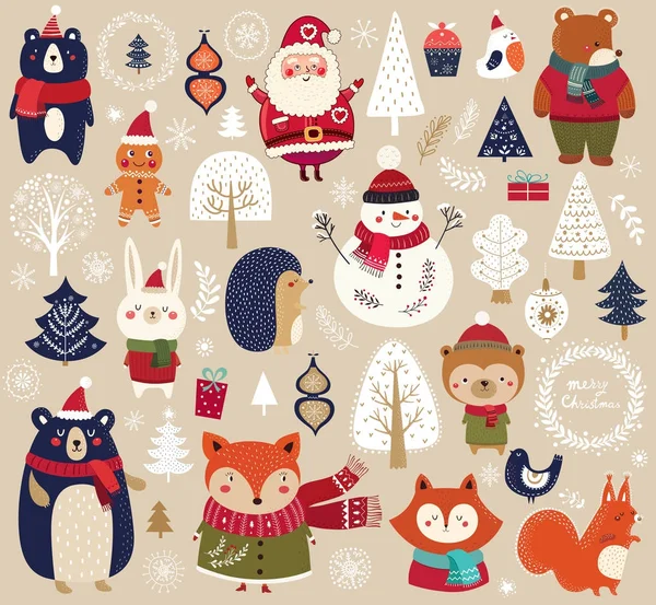 Colección Navidad Con Elementos Decorativos Sobre Fondo Beige Ilustración Vectorial — Archivo Imágenes Vectoriales