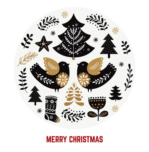 Carte Vœux Noël Avec Symboles Traditionnels Style Scandinave Illustration Vectorielle — Image vectorielle