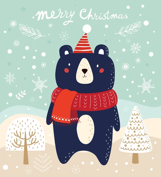 Kartki Świąteczne Drzewa Stylu Cartoon Ilustracji Wektorowych Niedźwiedź — Wektor stockowy