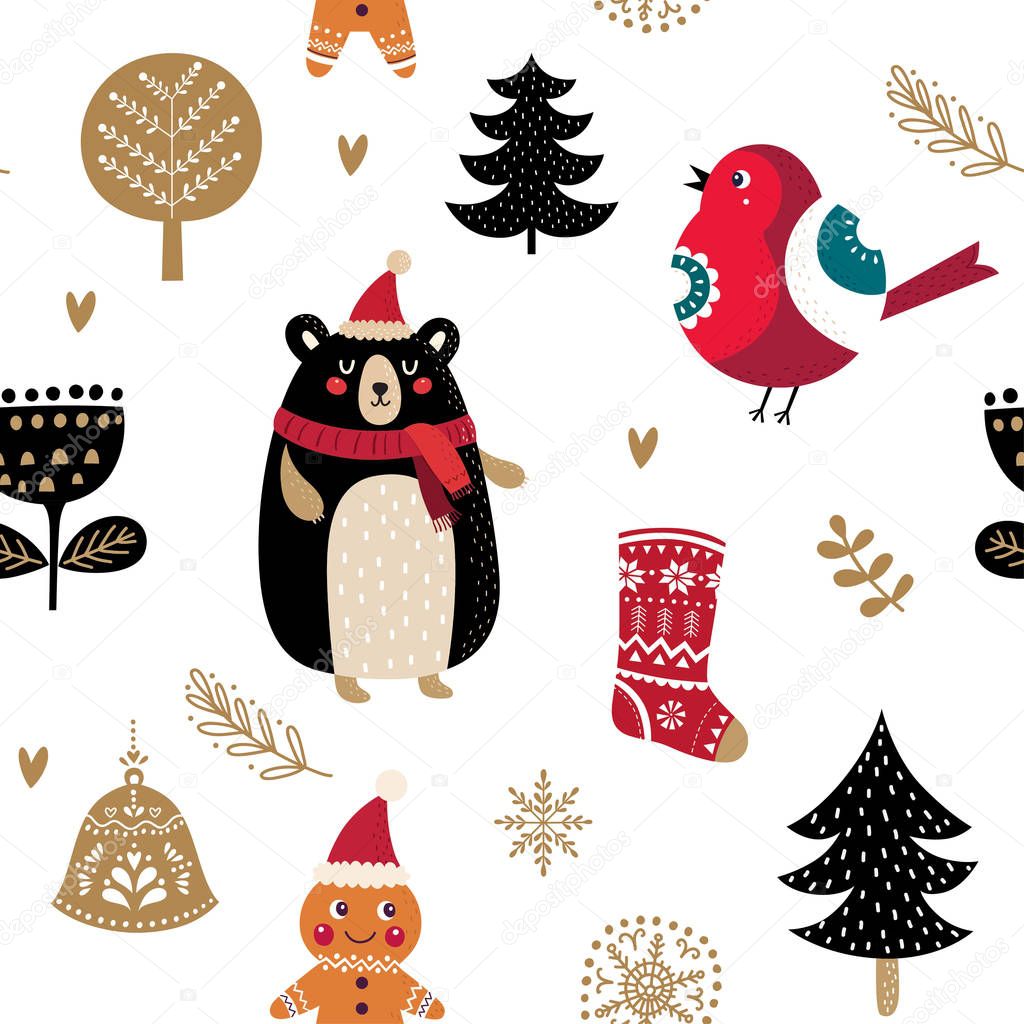 Seamless white pattern with Christmas symbols, vector illustration