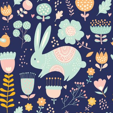 Sevimli tavşan, tavuk ve çiçekler, vektör çizim ile Seamless Modeli