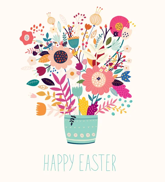 Szczęśliwe Wielkanoc Kartkę Życzeniami Kolor Bukiet Kwiatów Ilustracji Wektorowych — Wektor stockowy