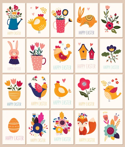 Collectie Happy Easter Kleuroverzicht Tags Vectorillustratie — Stockvector