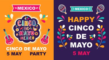 Meksika tatil Cinco De Mayo, vektör çizim için renkli posterler kümesi