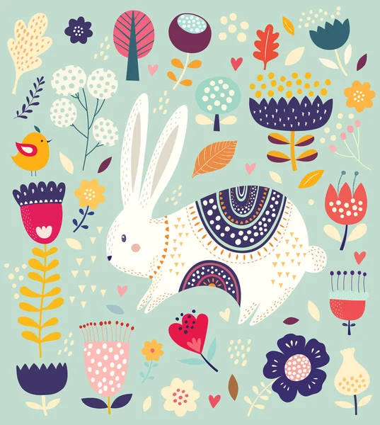 Pasen Wenskaart Met Bunny Kleur Bloemen Elementen Vectorillustratie — Stockvector