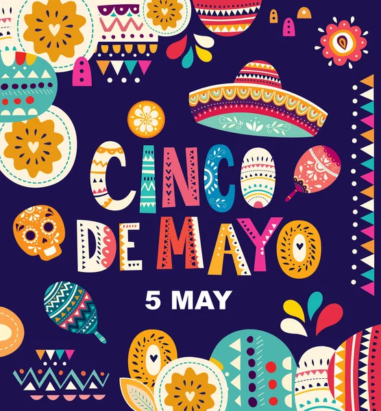 Cico Mayo Διακοπών Πολύχρωμο Ευχετήρια Κάρτα Μεξικάνικο Σύμβολα Και Επιγραφή — Διανυσματικό Αρχείο