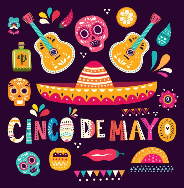Cartel Vacaciones Cico Mayo Con Coloridas Guitarras Mexicanas Sombrero Ilustración — Vector de stock