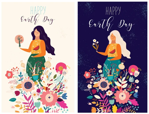 Ευτυχής Ημέρα Της Γης Πρότυπο Σετ Γυναίκα Και Μπουκέτο Λουλούδια — Διανυσματικό Αρχείο