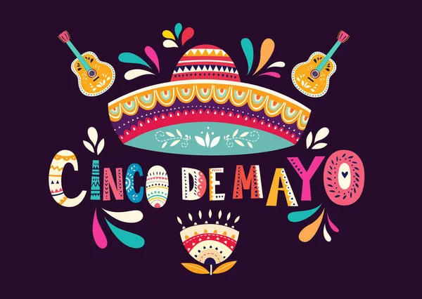 Cartel Vacaciones Cico Mayo Con Coloridas Guitarras Mexicanas Sombrero Ilustración — Vector de stock