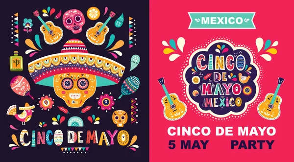 Conjunto Carteles Coloridos Para Vacaciones Mexicanas Cinco Mayo Ilustración Vectorial — Vector de stock