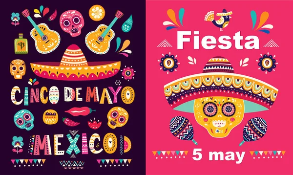 Set Manifesti Colorati Vacanza Messicana Cinco Mayo Illustrazione Vettoriale — Vettoriale Stock