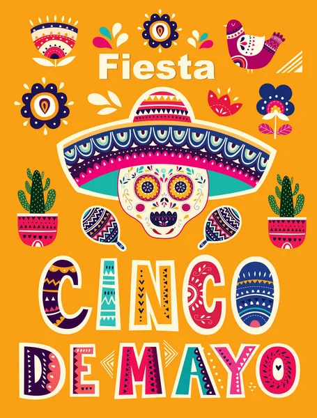 Plakát Tradiční Mexické Lebky Kaktus Maracas Žlutém Podkladu Vektorové Ilustrace — Stockový vektor