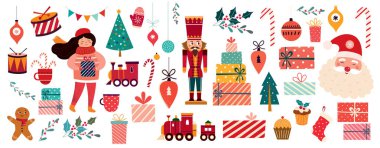Noel Baba, fındıkkıran, lokomotif, kızlar, zencefilli ekmek ve eski tarz hediye kutularıyla süslenmiş Noel afişi.