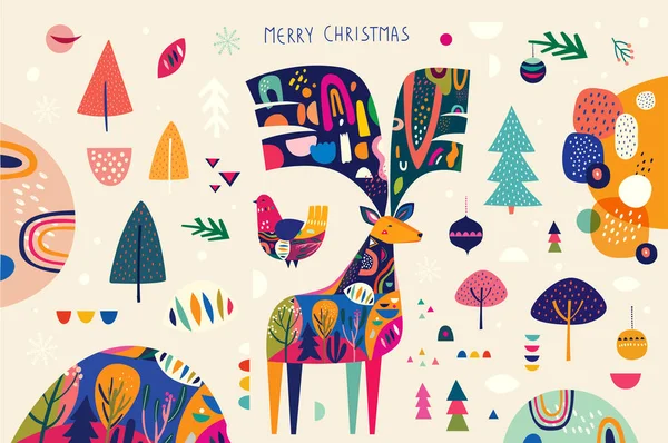 Banner Natal Com Cervos Coloridos Incríveis Pássaro Outros — Vetor de Stock