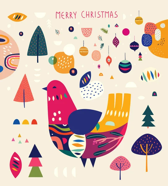 カラフルな鳥とクリスマスイラスト — ストックベクタ
