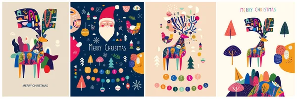 Julen Dekorativa Illustrationer Med Färgglada Rådjur Och Rolig Jultomten — Stock vektor