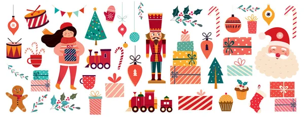 サンタクロース くるみ割り人形 機関車 女の子 ジンジャーブレッドとヴィンテージスタイルのギフトボックスとクリスマスの装飾バナー — ストックベクタ