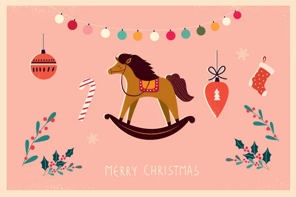 Kerst Spandoek Met Paard Kerst Speelgoed Vintage Stijl — Stockvector