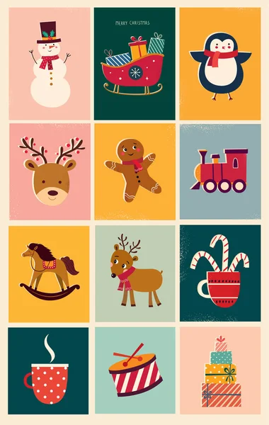 Collection Illustrations Noël Dans Style Vintage — Image vectorielle