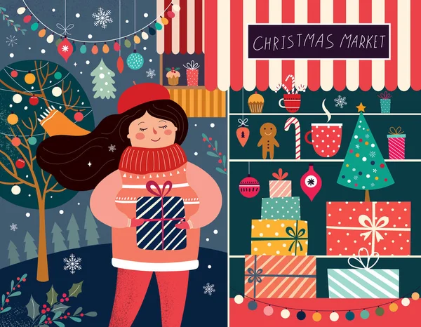 Natal cartão postal decorativo com menina feliz e loja de presentes —  Vetores de Stock