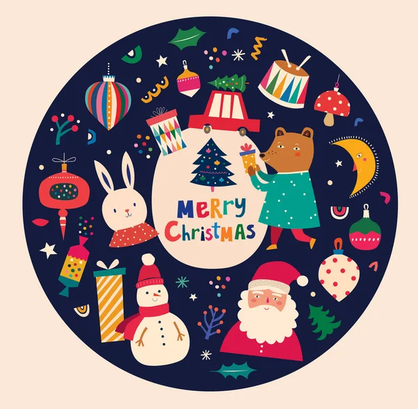 Ilustración Decorativa Navidad Estilo Vintage Con Oso Divertido Muñeco Nieve — Vector de stock