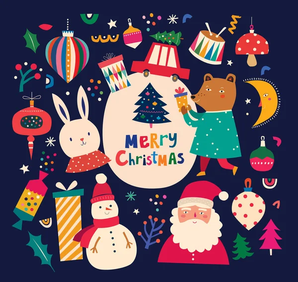 Рождественская Декоративная Иллюстрация Винтажном Стиле Смешным Медведем Снеговиком — стоковый вектор