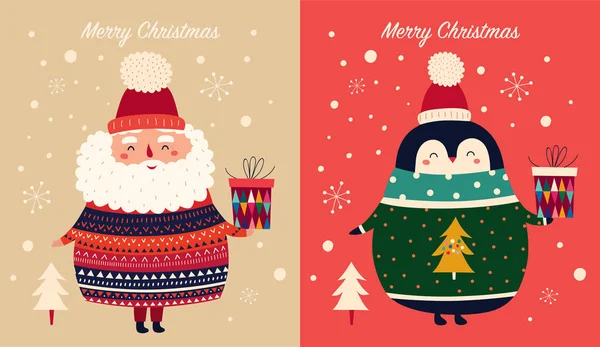 带毛衣和圣诞老人的可爱企鹅的矢量圣诞卡通画 — 图库矢量图片