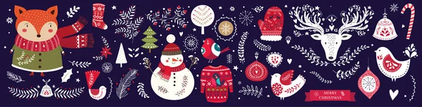 Kerst Vector Collectie Met Schattige Vos Sneeuwpop Hert Vogel Bloemen — Stockvector