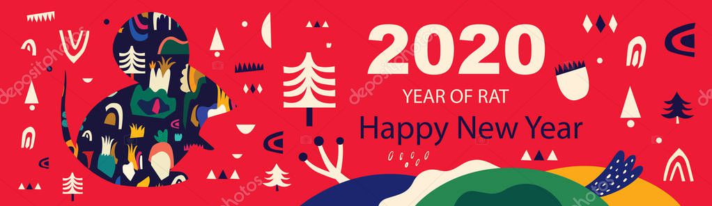 Happy New Year 2020 vector logo design. Happy new year with cute mouse rat in folk style. Chinese New Year. Cover of design for 2020. Calendar design, brochure, catalog, card, banner, wallpaper.