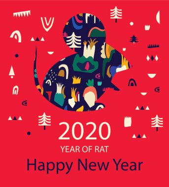 Yeni yılın kutlu olsun 2020 vektör logosu. Halk tarzında şirin fare faresiyle mutlu yıllar. Çin Yeni Yılı. 2020 için tasarım kapağı. Takvim tasarımı, broşür, katalog, kart, pankart, duvar kağıdı.
