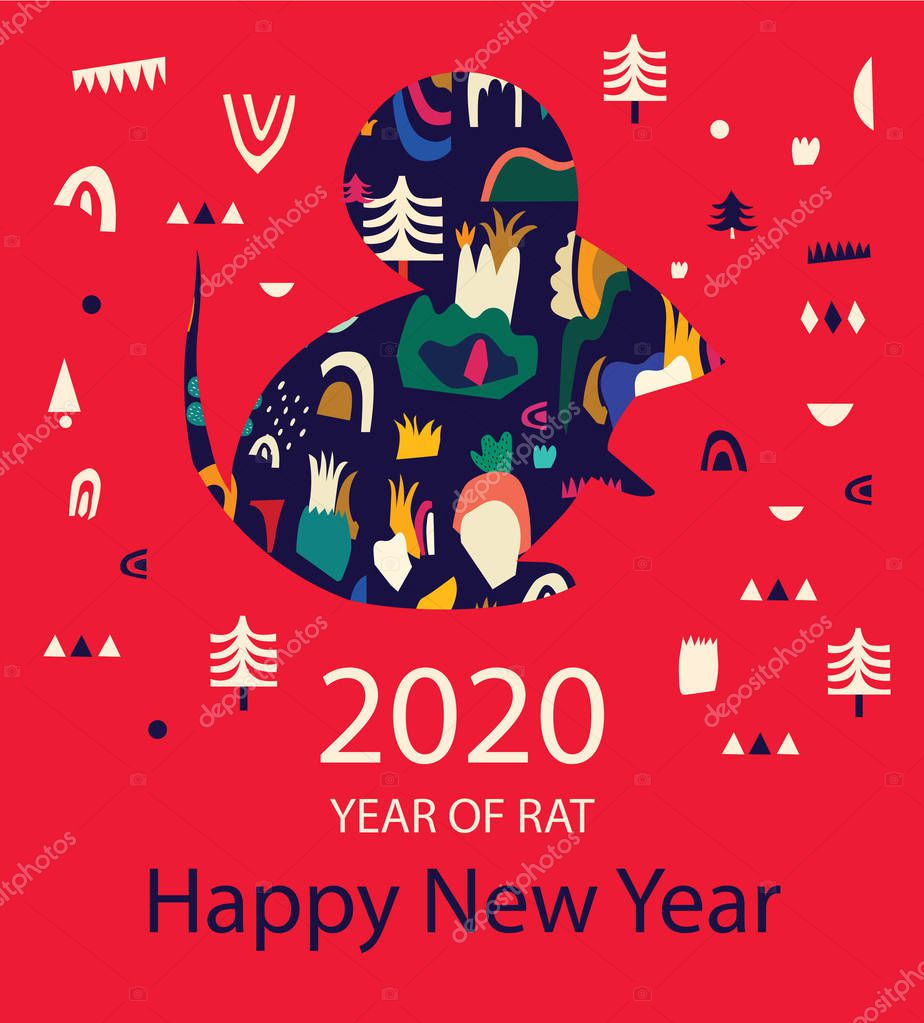 Happy New Year 2020 vector logo design. Happy new year with cute mouse rat in folk style. Chinese New Year. Cover of design for 2020. Calendar design, brochure, catalog, card, banner, wallpaper.