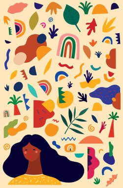 Soyut stil bireysel tasarım öğeleri ve kız ile renkli desen