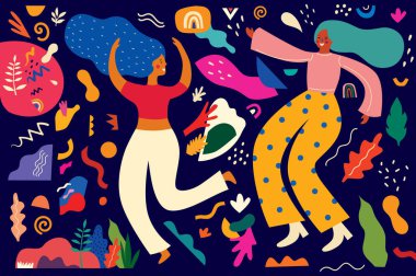 Soyut stil bireysel tasarım unsurları olan renkli moda desen. Dans eden insanlar. Tatil için tasarım Doğum günü, Yeni Yıl, Brezilya Karnavalı veya parti