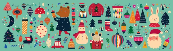 Різдвяний Декоративний Банер Неймовірними Персонажами Вінтажному Стилі — стоковий вектор