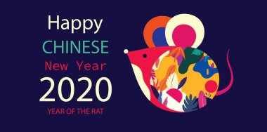 Yeni yılın kutlu olsun 2020 vektör logosu. Halk tarzında şirin fare faresiyle mutlu yıllar. Çin Yeni Yılı. 2020 için tasarım kapağı. Takvim tasarımı, broşür, katalog, kart, pankart, duvar kağıdı.