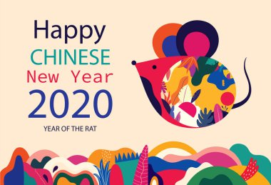 Yeni yılın kutlu olsun 2020 vektör logosu. Halk tarzında şirin fare faresiyle mutlu yıllar. Çin Yeni Yılı. 2020 için tasarım kapağı. Takvim tasarımı, broşür, katalog, kart, pankart, duvar kağıdı.