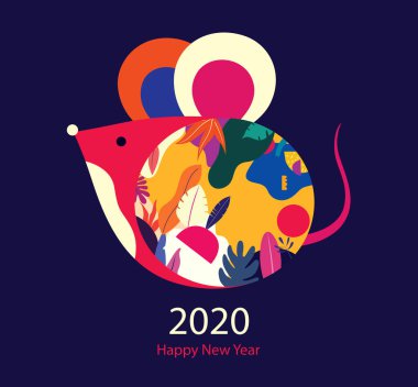 Yeni yılın kutlu olsun 2020 vektör logosu. Halk tarzında şirin fare faresiyle mutlu yıllar. Çin Yeni Yılı. 2020 için tasarım kapağı. Takvim tasarımı, broşür, katalog, kart, pankart, duvar kağıdı.