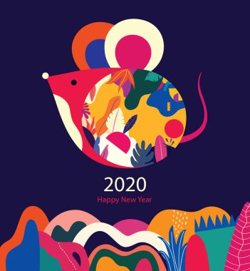 Yeni yılın kutlu olsun 2020 vektör logosu. Halk tarzında şirin fare faresiyle mutlu yıllar. Çin Yeni Yılı. 2020 için tasarım kapağı. Takvim tasarımı, broşür, katalog, kart, pankart, duvar kağıdı.