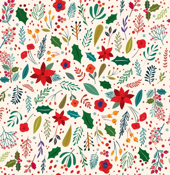 Mooie Kerst Bloemen Vector Naadloos Patroon — Stockvector