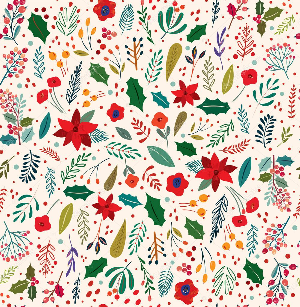 Beautiful Christmas floral vector seamless pattern