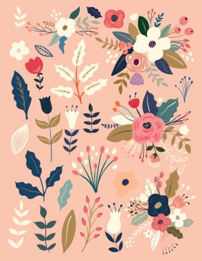 Güller, yapraklar, çiçek buketleri, çiçek kompozisyonları olan güzel romantik çiçek koleksiyonu.. 