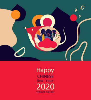 Yeni yılın kutlu olsun 2020 vektör logosu. Halk tarzında şirin fare faresiyle mutlu yıllar. Çin Yeni Yılı. 2020 için tasarım kapağı. Takvim tasarımı, broşür, katalog, kart, pankart, duvar kağıdı.
