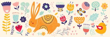 Büyük bahar Paskalya çiçekleri, yapraklar, kuşlar, tavşanlar ve bahar sembolleri koleksiyonu