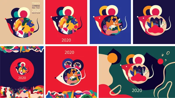 Happy New Year 2020ベクトルロゴデザイン 民俗スタイルでかわいいネズミと幸せな新年 中国の旧正月 2020年のデザインのカバー カレンダーのデザイン パンフレット カタログ — ストックベクタ