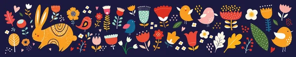 Большая Весенняя Пасхальная Коллекция Цветов Листьев Птиц Зайчиков Весенних Сиропов — стоковый вектор