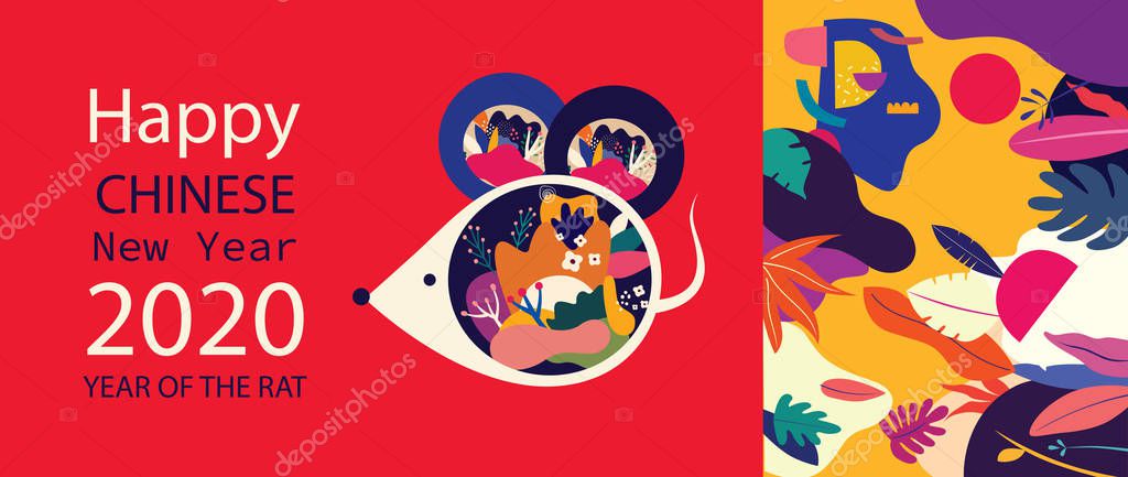 Happy New Year 2020 vector logo design. Happy new year with cute mouse rat in folk style. Chinese New Year. Cover of design for 2020. Calendar design, brochure, catalog, card, banner, wallpaper.
