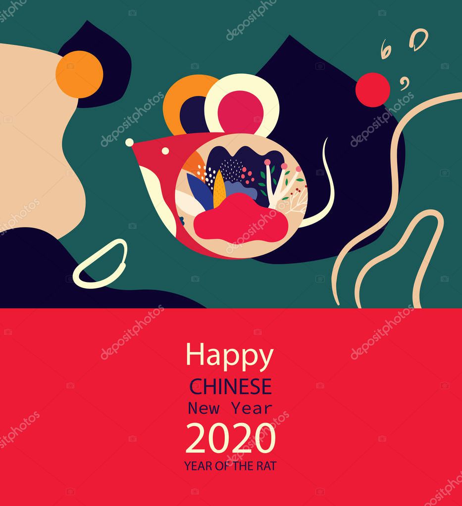 Happy New Year 2020 vector logo design. Happy new year with cute mouse rat in folk style. Chinese New Year. Cover of design for 2020. Calendar design, brochure, catalog, card, banner, wallpaper.